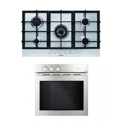 Glem Gas Hob 90 cm Cast Iron Safety Stainless and Glem Gas Oven 60 cm Gas with Grill GFEW21 IX