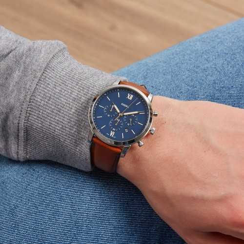 blue face brown leather watch