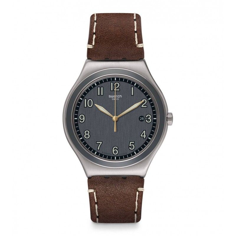 SWATCH Men's Watch Brown Leather Band With Grey Dial YWS445 Prices ...