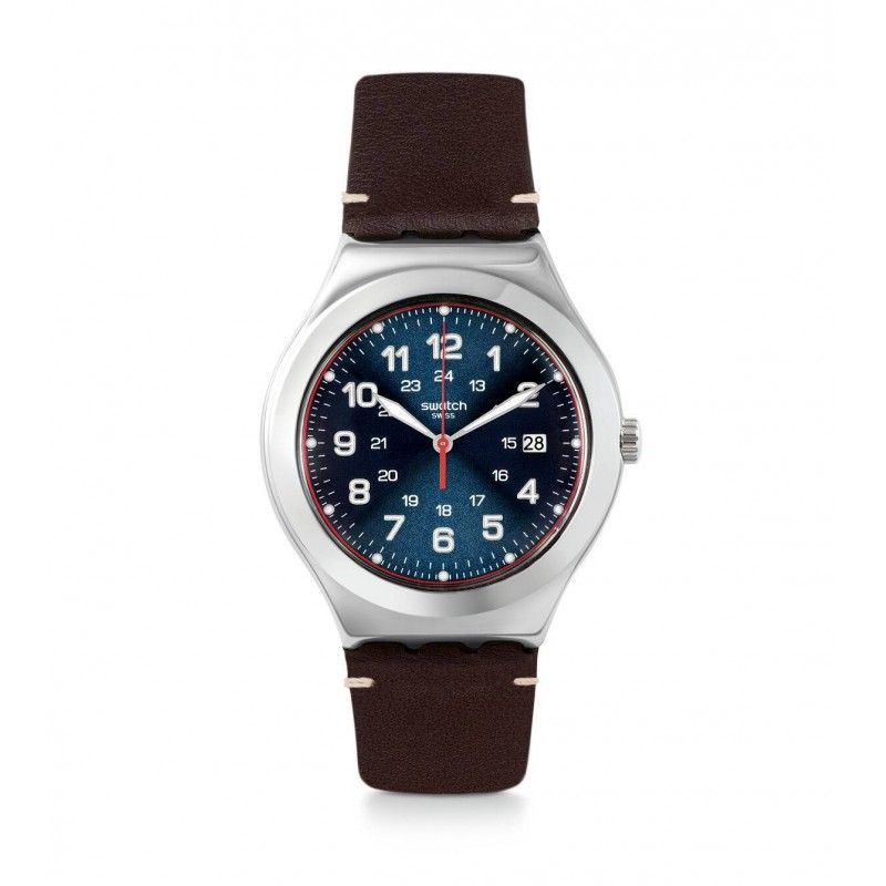 SWATCH Men's Watch Brown Leather Band With Blue Dial Diameter 43 