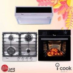 iCook Built In Gas Hob 4 Burners and Built-In Gas Oven 60 cm and Hood Classic 60 cm 500 m3/h