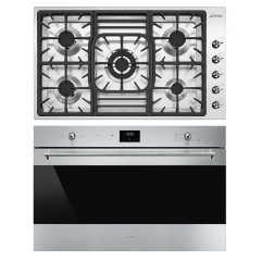 SMEG Built In Hob 5 Burners 90 cm+Built-In Gas Oven 90 cm with Electric Grill PGF 95-4SF 9300 GVX1
