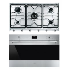 SMEG Built In Hob 5 Burners 90 cm Gas Enamelled+Built-In Gas Oven 90 cm&Electric Grill SRV596GMSF 9300 GVX1
