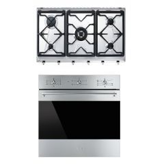 SMEG Built In Hob Gas 5 Burners 90 cm Cast Iron and Built-In Gas Oven&Electric Grill 60 cm SRV596GMSF 6341 GVX