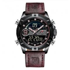 NAVIFORCE Leather Round Analog Digital Watch for Men Dark Brown NF 9146L B-P-P
