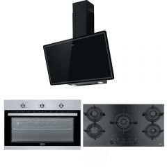 Franke Glass Wall Hood Crystal 90cm 550 m3/h and Gas Hob 5 Burners and Gas Oven 90 cm FPJ 915 V BK/DG A
