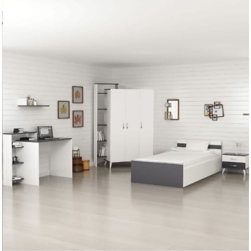 Wood & More Bedroom 2 Bed 120 cm and Wardrobe 150 cm and Commodino White*Gray Bundle 3