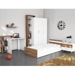 Wood & More Bedroom 2 Bed 120 cm and Wardrobe 150 cm and Commodino White*Brown Bundle 6