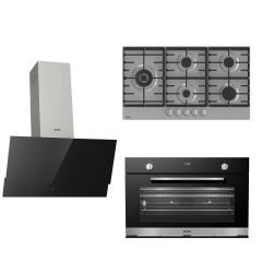 Gorenje Built-In Gas Oven 90cm with Grill and Hob 90 cm and Wall Decorative Cooker Hood 90cm 383 M³/H BOG932A20FBG