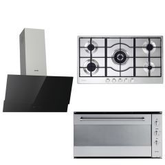 Elba Built-In Gas oven 90 cm,Wall Decorative Hood 90cm Airflow 383 M³/H and Gas Hob 90 cm E-109-52X