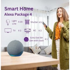 Home Automation Control 20 Light line, 5 shutters, 3 AC, 3 TV, Echo Dot 5th Gen with Clock Alexa Package 4